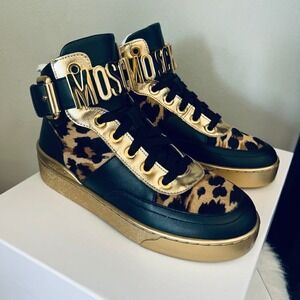 MOSCHINO Genuine Calf Hair Leather Basket Sneaker Shoe, Size 6 (36EU) Black, NWT